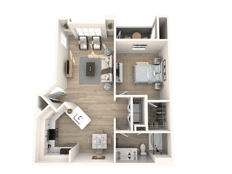 Floor plan for 1 bed, 1 bath, 757 sqft